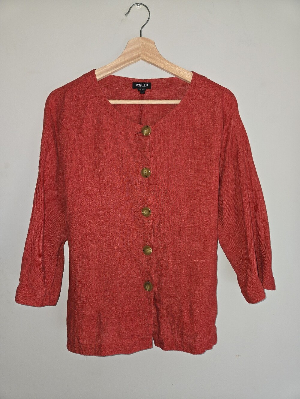 Worth New York 100% Linen Red Tie Waist Button Top L Made USA Boho Lagenlook Art